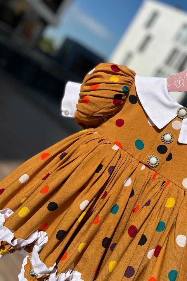 Cookie Girl Baby Cotton Dress with Ruffle Skirt and Brooch Detail