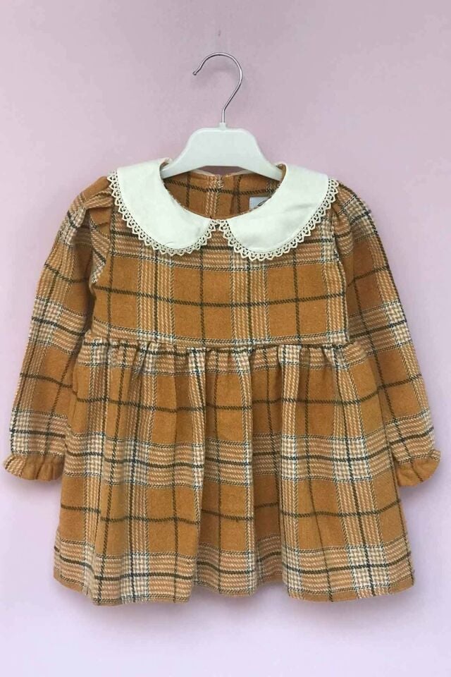 Hardal Ekoseli Oduncu Kumaş Kız Çocuk Bebek Kışlık Elbise