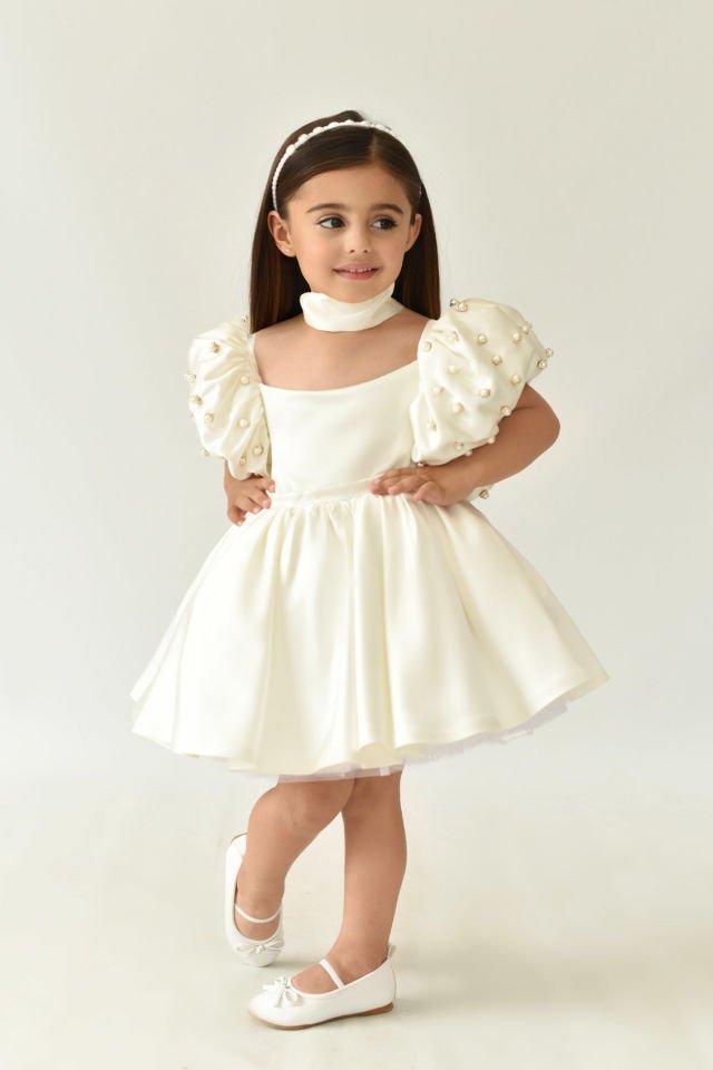 Saten Ekru Kız Çocuk Bebek İnci Balon Kol Gelinlik Abiye Royal Elbise kırık beyaz - 7 yaş