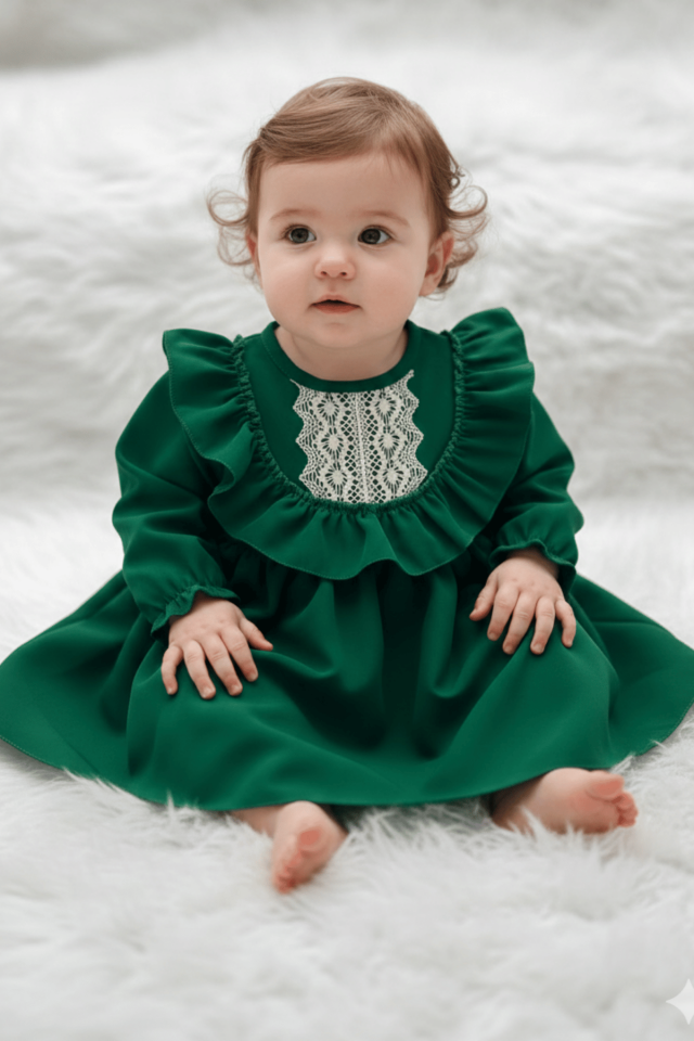 Dantel ve Fırfır Detaylı Koyu Yeşil Kız Çocuk Bebek Krep Elbise
