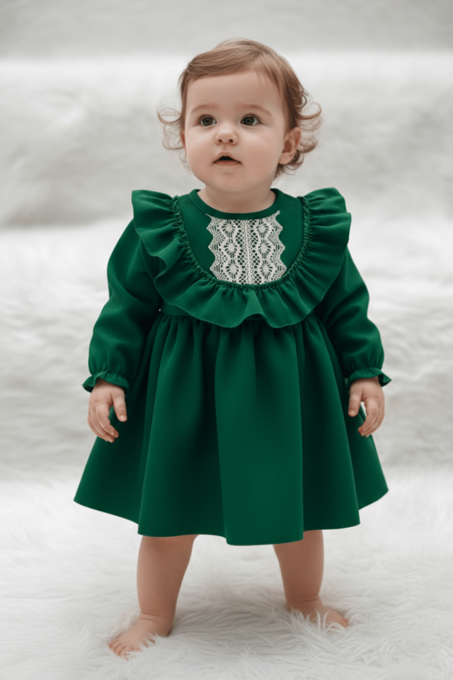 Dantel ve Fırfır Detaylı Koyu Yeşil Kız Çocuk Bebek Krep Elbise