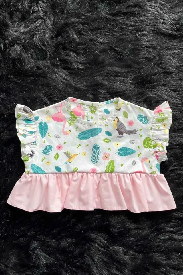 Flamingo Patterned Baby Girl Crop Short Colorful Pink Candy Blouse