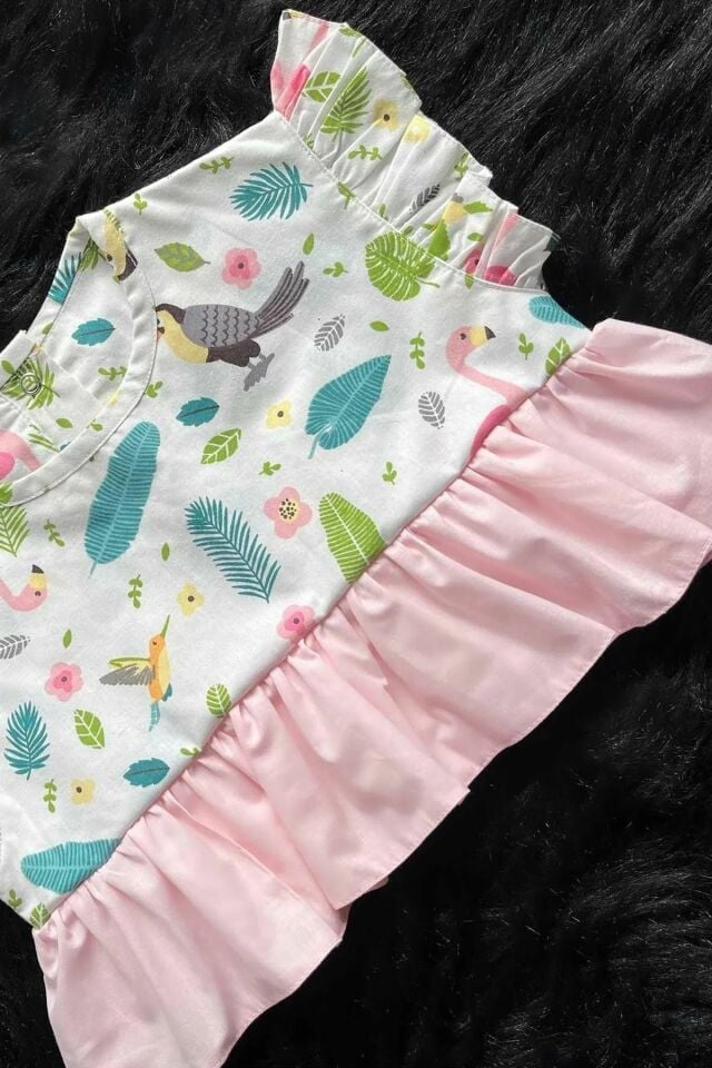 Flamingo Patterned Baby Girl Crop Short Colorful Pink Candy Blouse