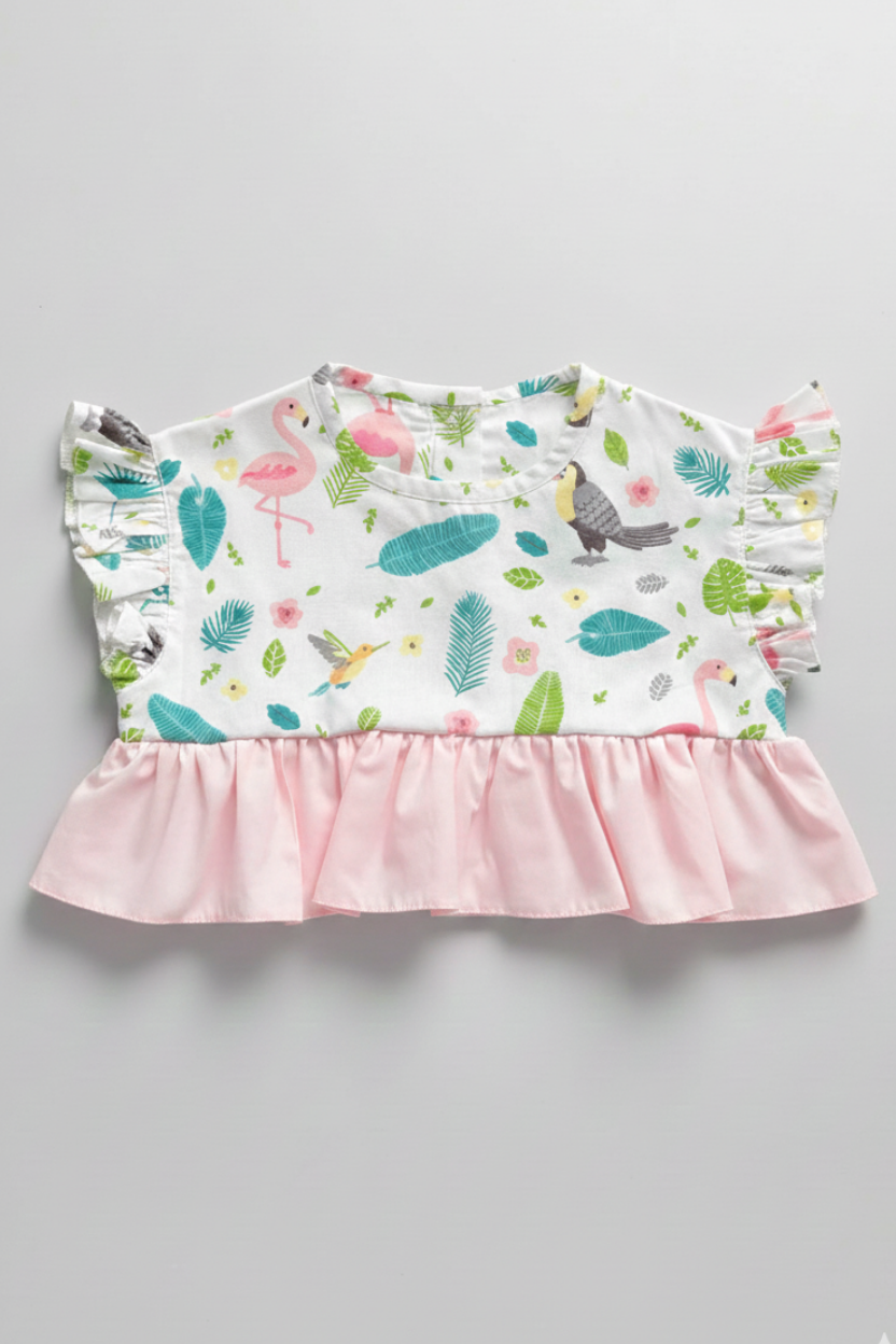Flamingo Desenli Kız Çocuk Bebek Crop Kısa Renkli Pembe Şeker Bluz