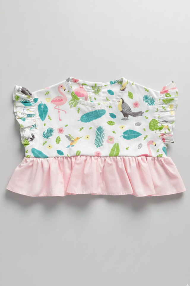 Flamingo Desenli Kız Çocuk Bebek Crop Kısa Renkli Pembe Şeker Bluz