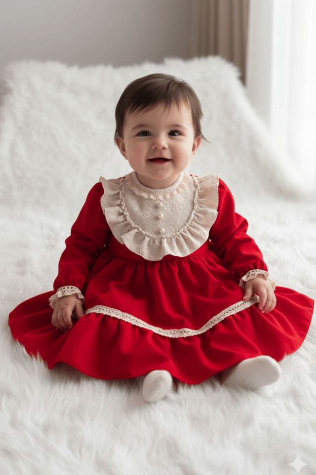 Rotes Abendkleid für Mädchen mit Spitze und Knopfleiste und speziellem Design