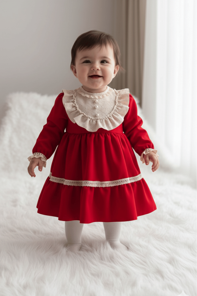 Rotes Abendkleid für Mädchen mit Spitze und Knopfleiste und speziellem Design