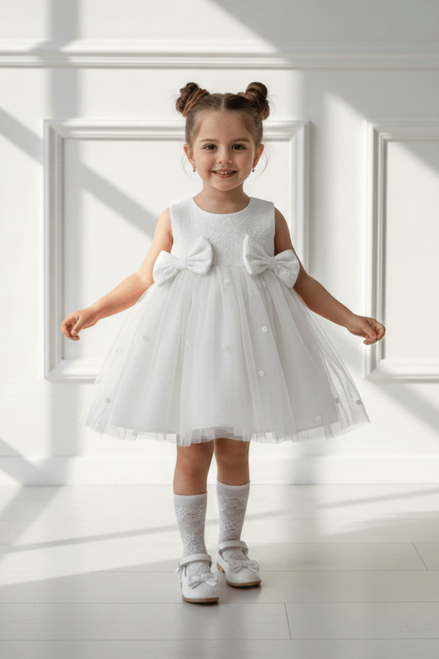 Brokar Beyaz Hayal Tül Gül Detaylı Fiyonklu Abiye Elbise