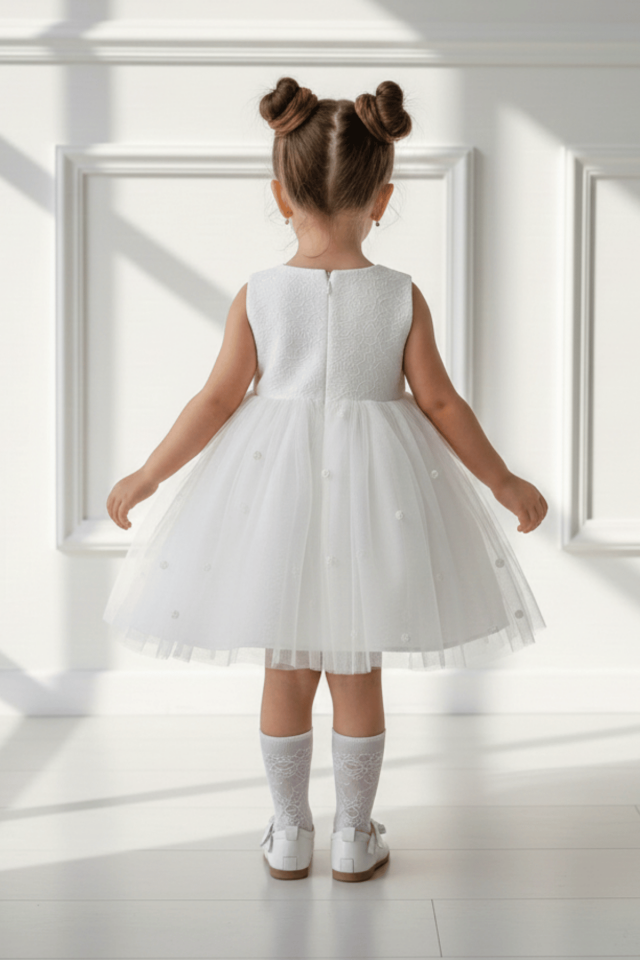 Brokar Beyaz Hayal Tül Gül Detaylı Fiyonklu Abiye Elbise