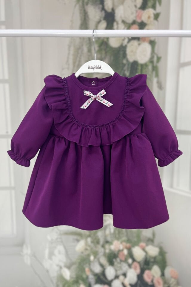 Fırfır Ve Kurdele Detaylı Mor Krep Kız Çocuk Bebek Elbise