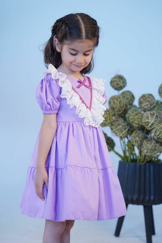 Dantelli Pamuk Saten Lila Kız Çocuk Bebek Abiye Elbise