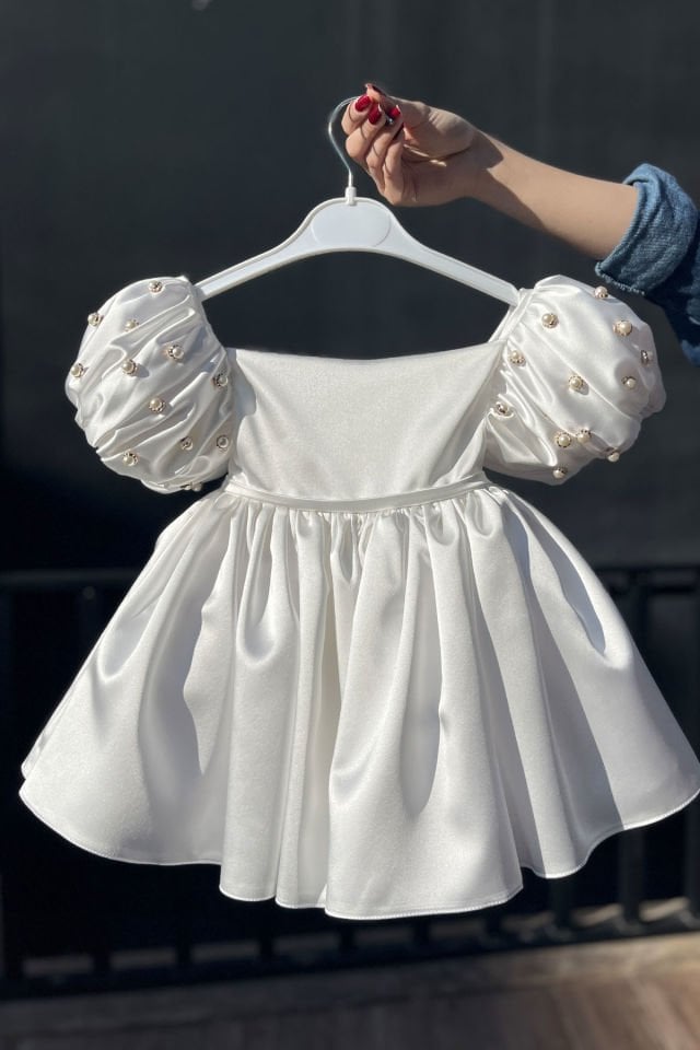 Satin White Girl Baby Pearl Balloon Sleeve Wedding Dress Evening Dress Royal Dress