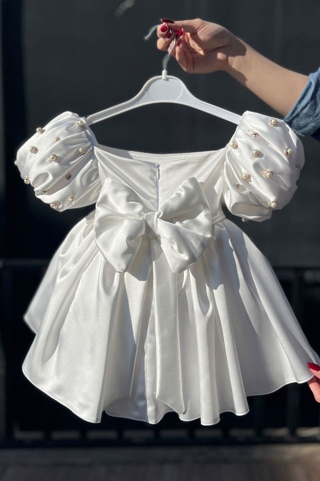 Satin White Girl Baby Pearl Balloon Sleeve Wedding Dress Evening Dress Royal Dress