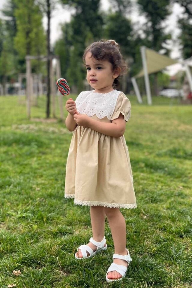 Dantel Detaylı Fisto Yaka Camel Poplin Kız Çocuk Bebek Elbise