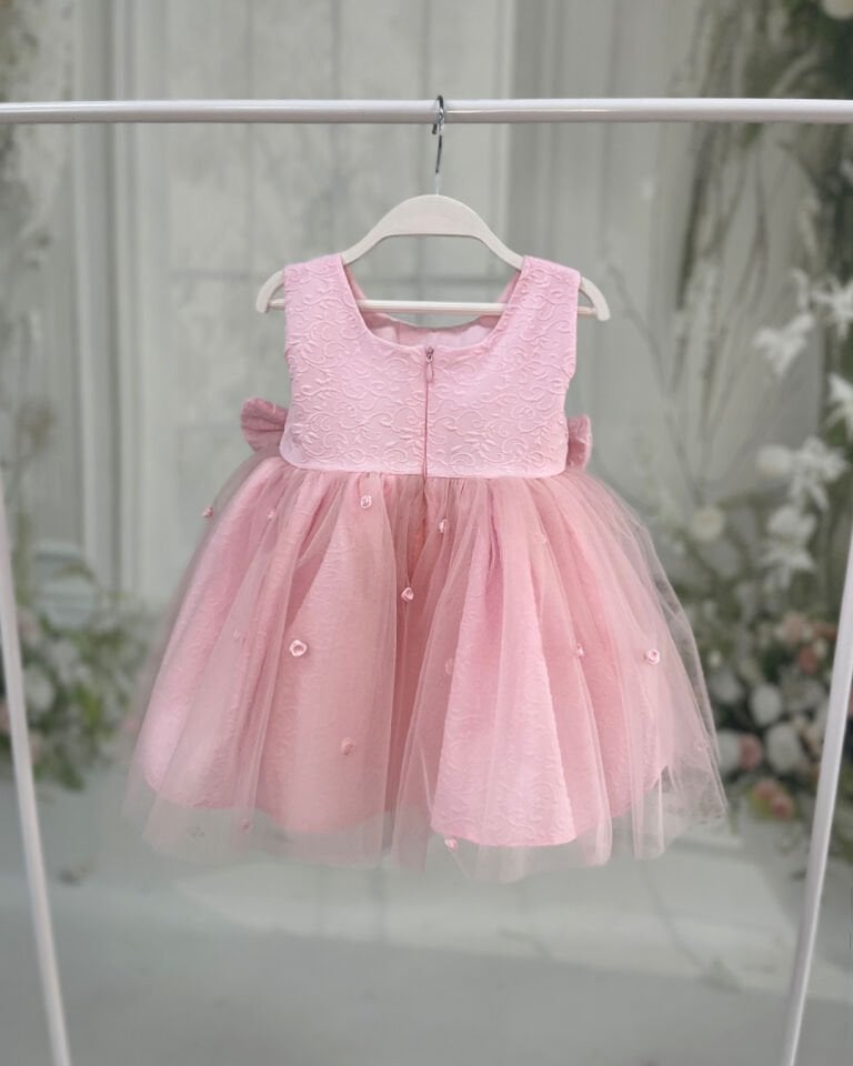 Brokar Pembe Hayal Tül Gül Detaylı Fiyonklu Abiye Elbise
