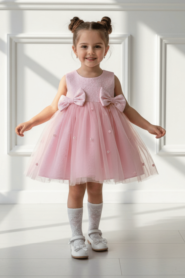 Brokar Pembe Hayal Tül Gül Detaylı Fiyonklu Abiye Elbise