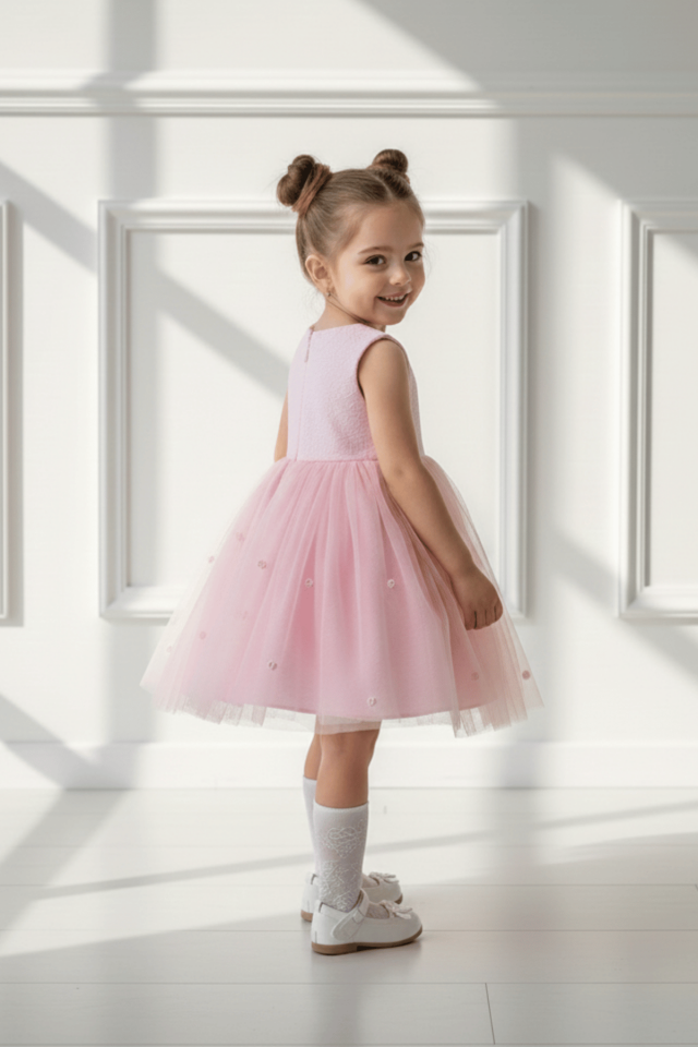 Brokar Pembe Hayal Tül Gül Detaylı Fiyonklu Abiye Elbise