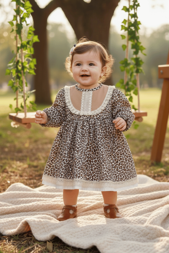Dantel Detaylı Leopar Desenli Pamuklu Kız Çocuk Bebek Elbise
