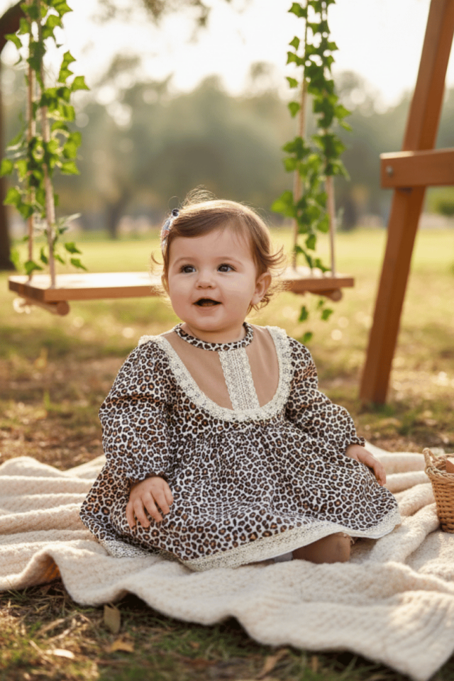 Dantel Detaylı Leopar Desenli Pamuklu Kız Çocuk Bebek Elbise