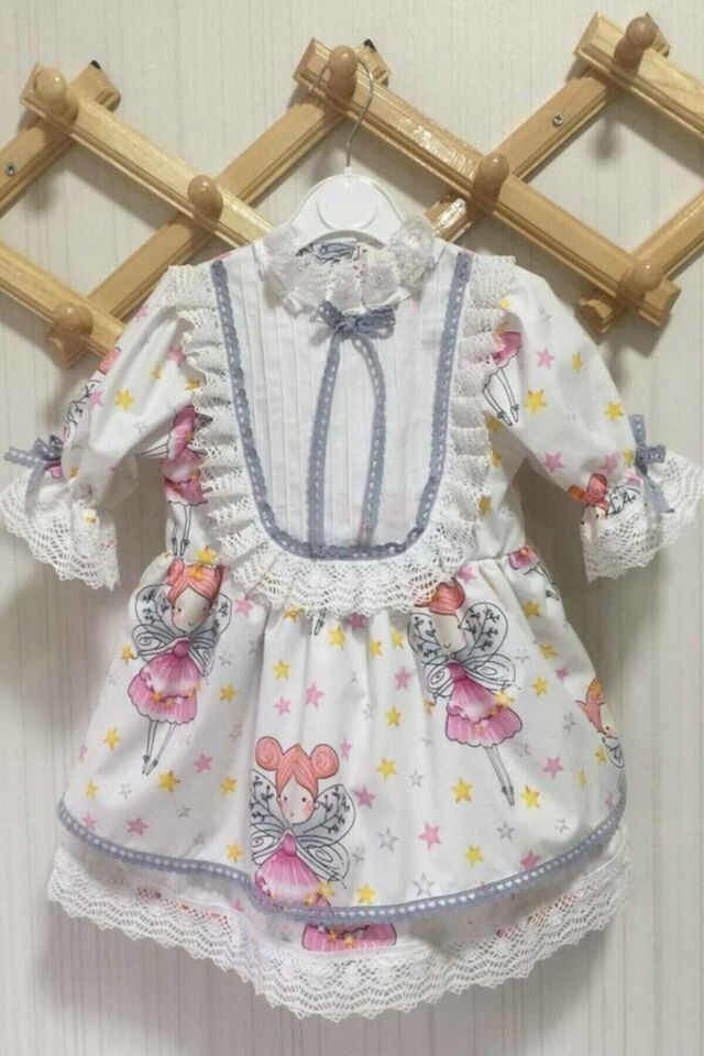 Dantel Detaylı Peri Kız Desenli Kız Çocuk Bebek Tasarım Elbise
