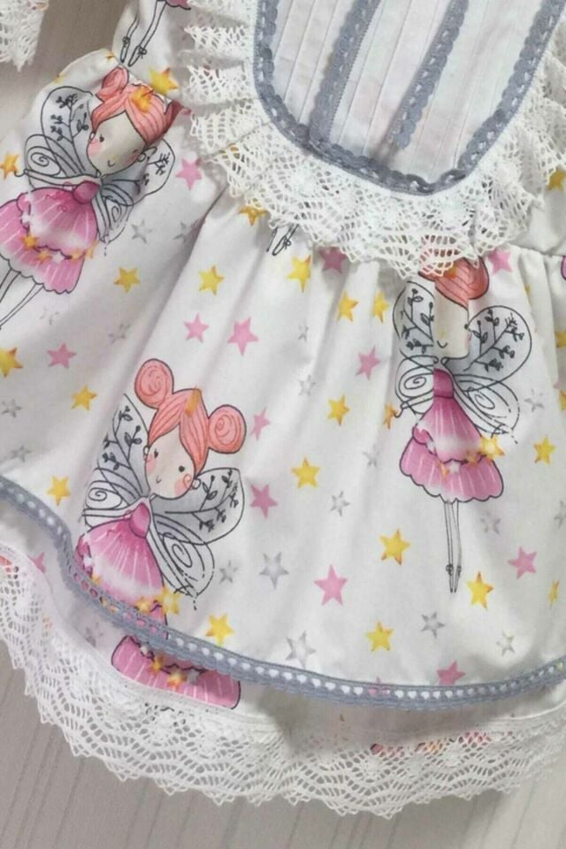 Dantel Detaylı Peri Kız Desenli Kız Çocuk Bebek Tasarım Elbise