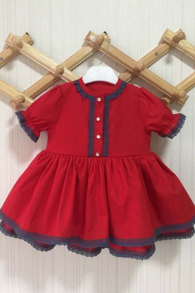 Mavi Dantel Detaylı Kırmızı Kız Çocuk Bebek Poplin Elbise