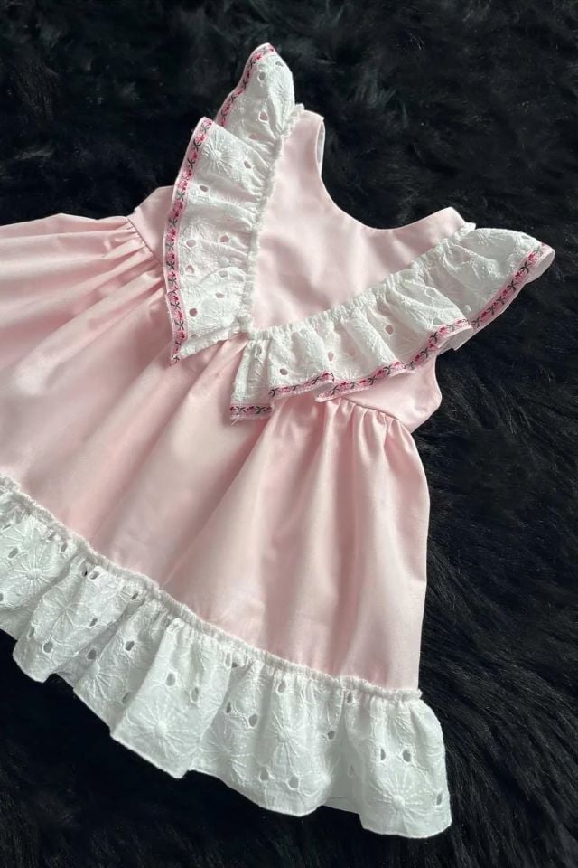 Fisto Fırfırlı Ve Kurdele Detaylı Poplin Kız Çocuk Bebek Pembe Elbise