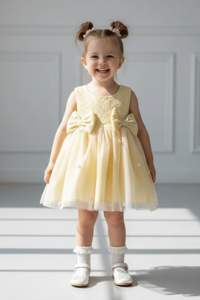 Brokar Sarı Hayal Tül Gül Detaylı Fiyonklu Abiye Elbise