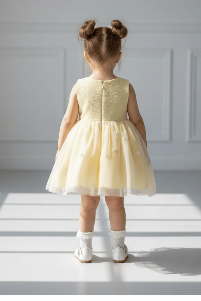 Brokar Sarı Hayal Tül Gül Detaylı Fiyonklu Abiye Elbise