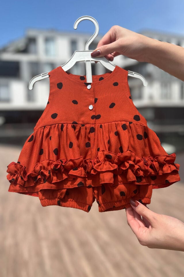 Puantiyeli Kiremit Renk Alt Üst Kız Çocuk Bebek Takım