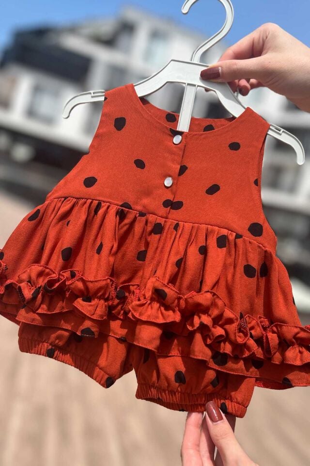Puantiyeli Kiremit Renk Alt Üst Kız Çocuk Bebek Takım