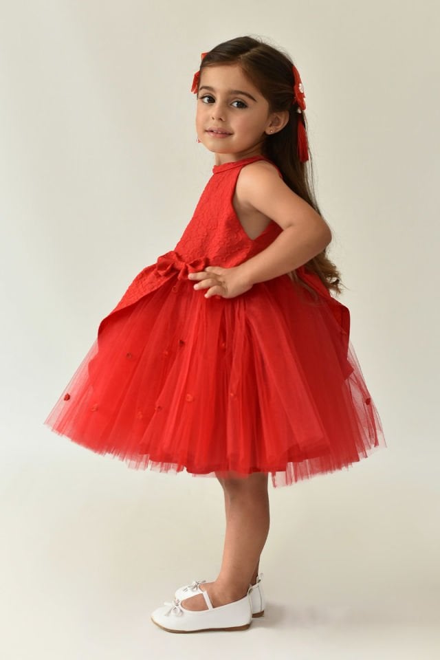 Red Tulle Asymmetrical Rose Skirt Girl Baby Brocade Evening Dress
