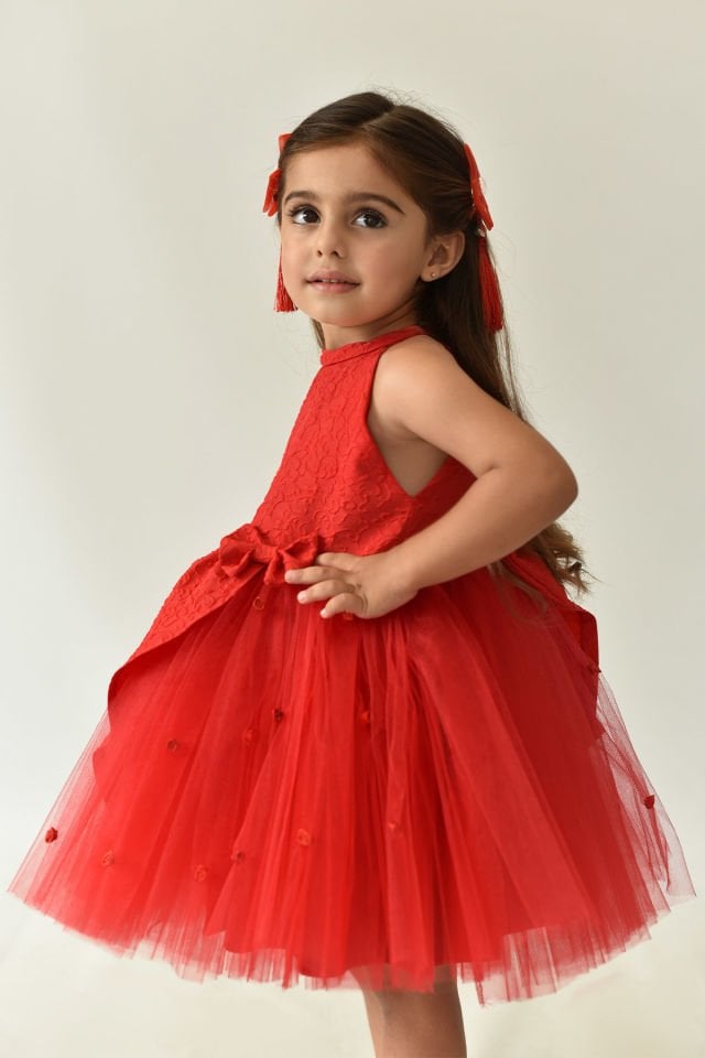 Red Tulle Asymmetrical Rose Skirt Girl Baby Brocade Evening Dress