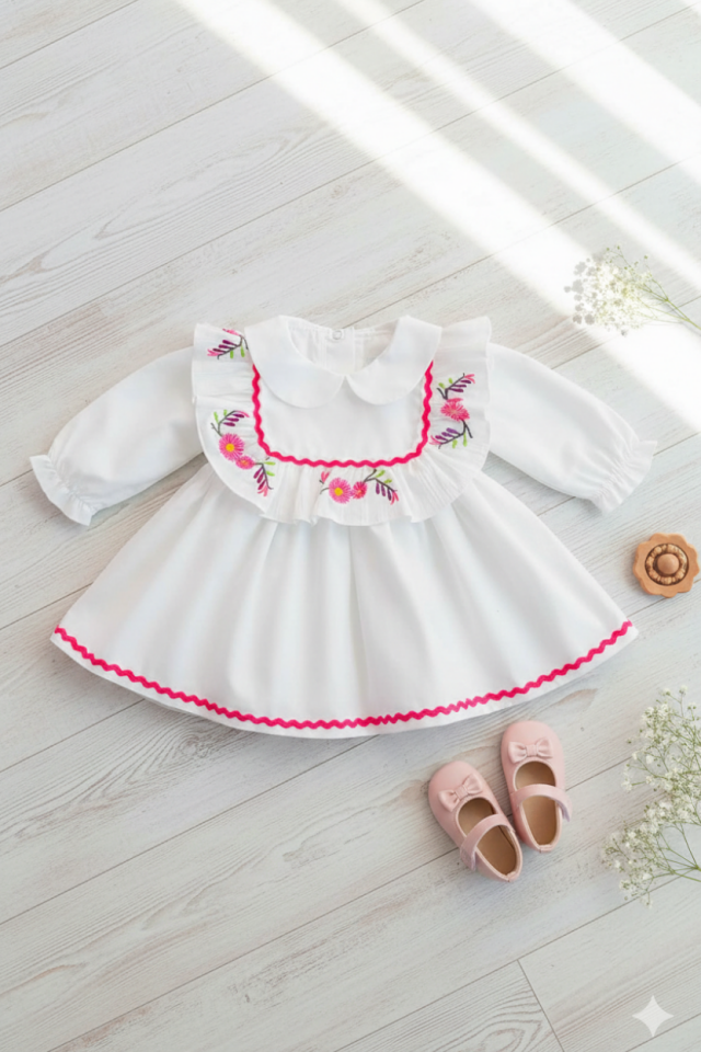 Weißes Mevlüt-Kleid aus Popeline-Baumwolle für Mädchen mit Stickerei und Wasserstein-Details