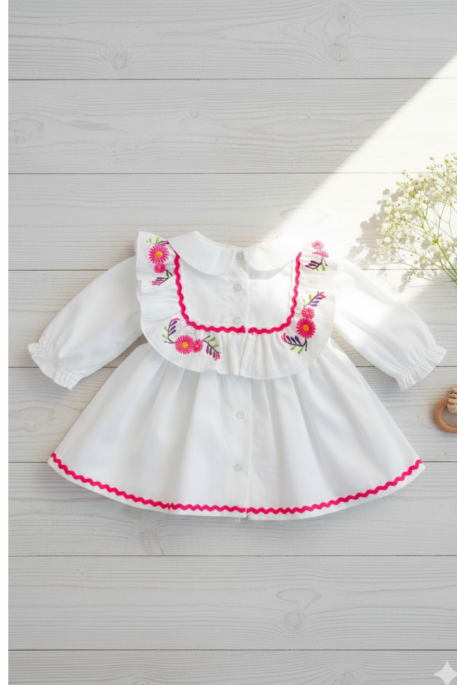 Weißes Mevlüt-Kleid aus Popeline-Baumwolle für Mädchen mit Stickerei und Wasserstein-Details