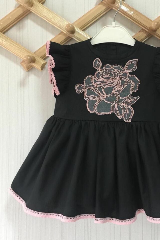 Baby Girl Black Cotton Dress with Rose Applique and Lace Detail