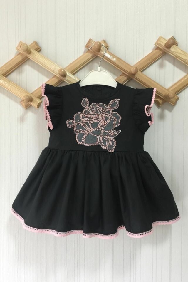 Gül Aplike Ve Dantel Detaylı Kız Çocuk Bebek Siyah Pamuklu Elbise