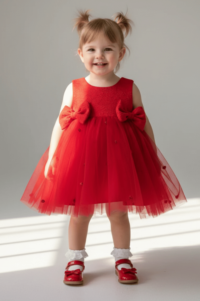 Brokar Kırmızı Hayal Tül Gül Detaylı Fiyonklu Abiye Elbise