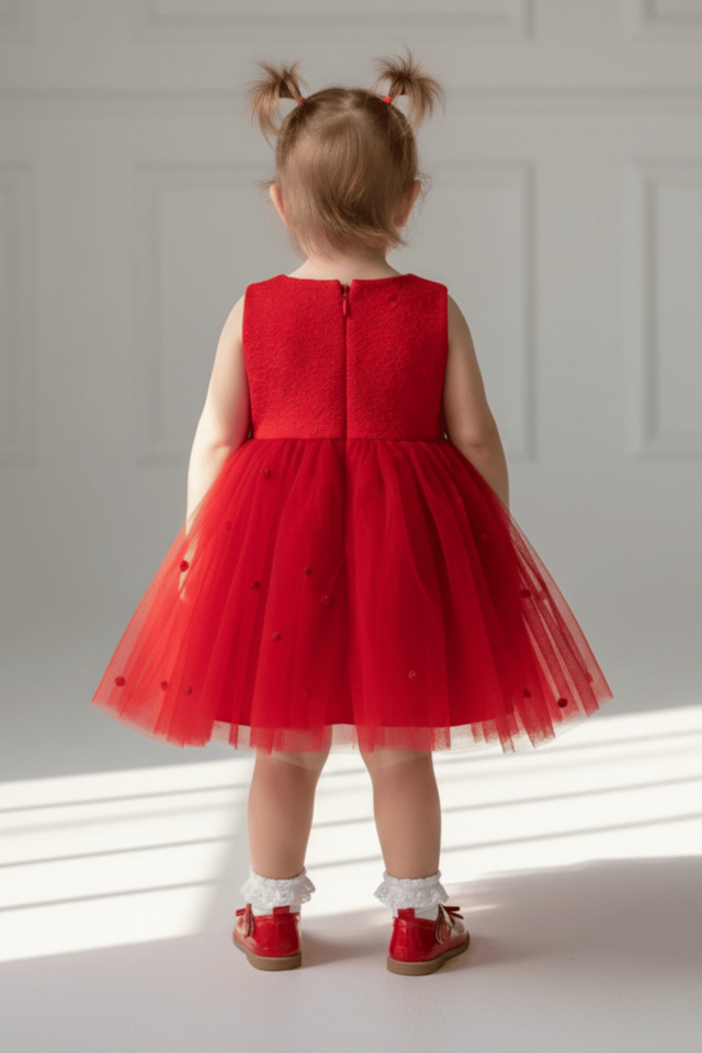 Brokar Kırmızı Hayal Tül Gül Detaylı Fiyonklu Abiye Elbise