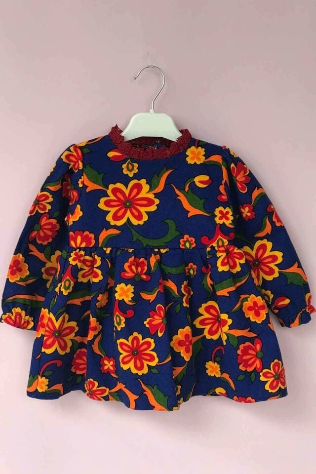 Lace Collar Floral Blue Flannel Baby Girl Dress
