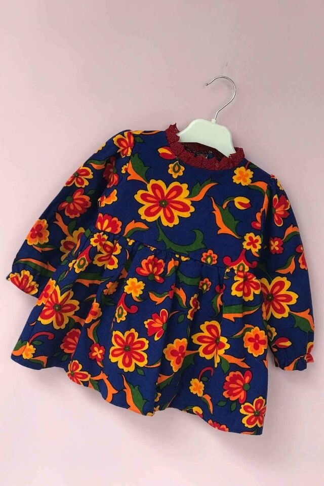 Lace Collar Floral Blue Flannel Baby Girl Dress
