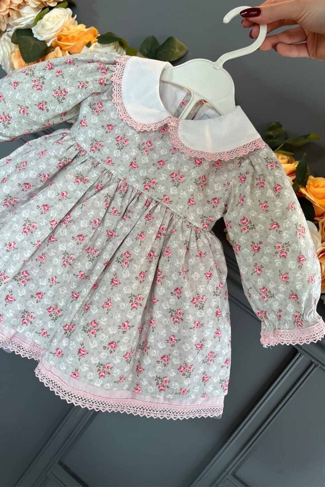 Bebe Yaka Dantel Detaylı Çiçek Desenli Gri Kız Çocuk Bebek Elbise