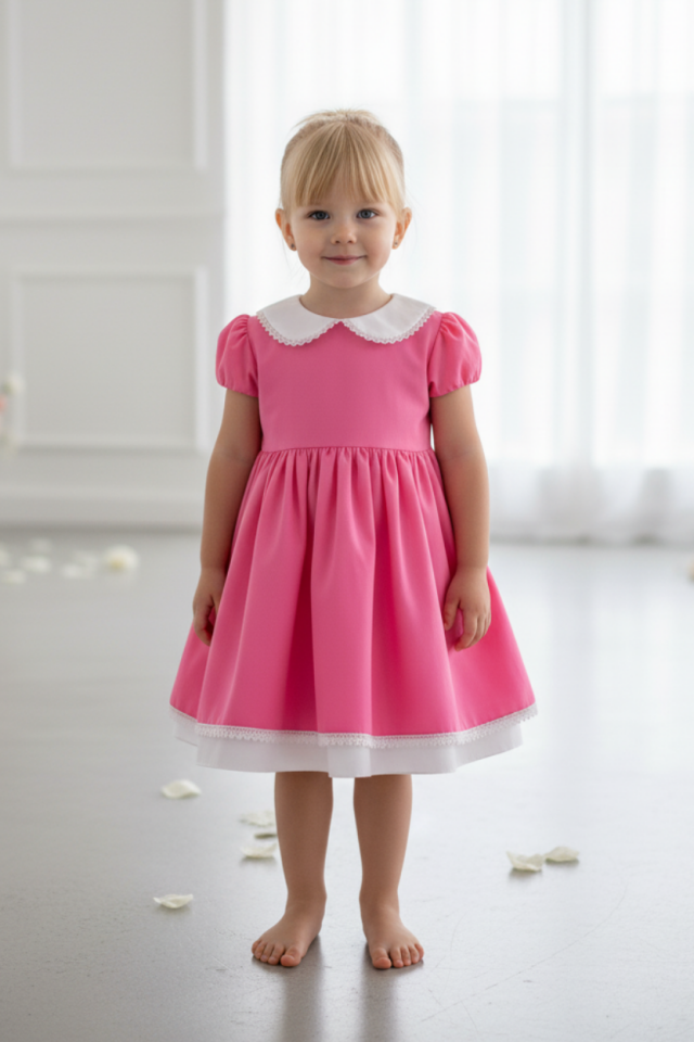 Babykleid aus rosa Popeline mit Spitzendetail und Kragen
