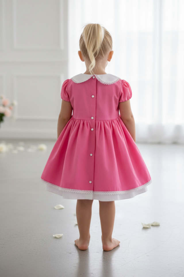 Babykleid aus rosa Popeline mit Spitzendetail und Kragen