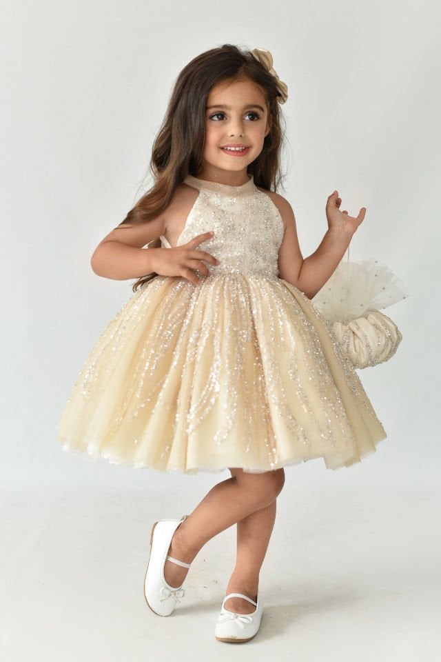 Lace Embellished Cappuccino Camel Design Evening Dress Girl Tulle Birçe Dress