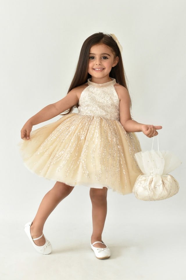Lace Embellished Cappuccino Camel Design Evening Dress Girl Tulle Birçe Dress