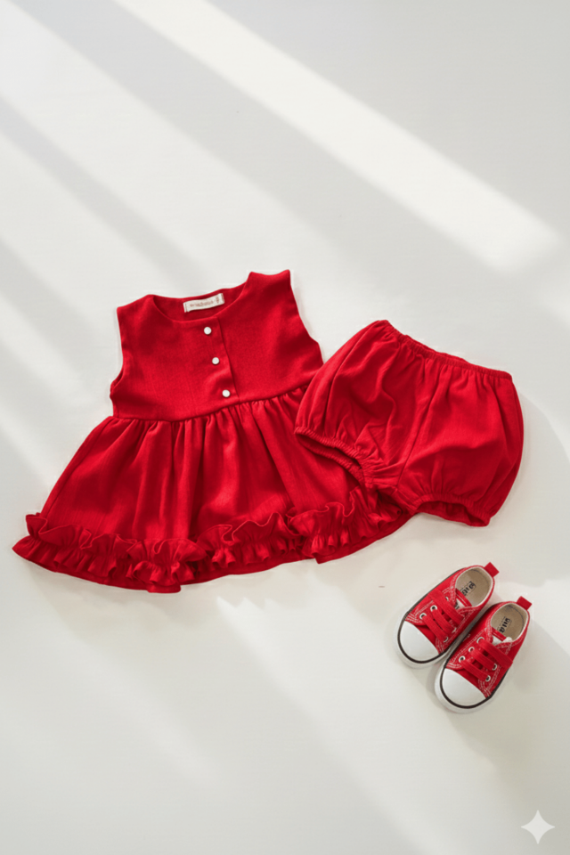 Kırmızı Şile Bezi Pamuklu Alt Üst Kız Çocuk Bebek Kolsuz Takım