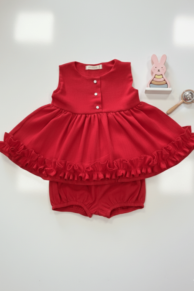 Kırmızı Şile Bezi Pamuklu Alt Üst Kız Çocuk Bebek Kolsuz Takım