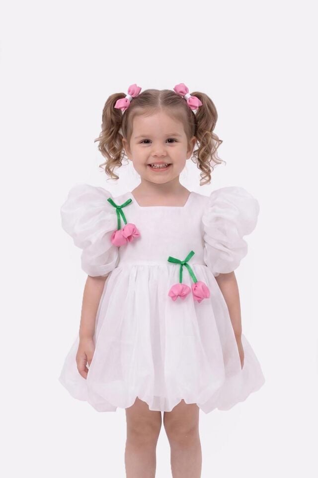 Gül Süslemeli Fiyonklu Süslemeli Beyaz Organze Balon Kol Kız Bebek Elbisesi