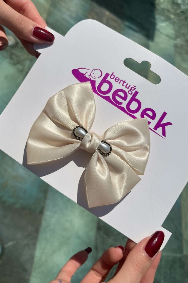 Ecru Beige Pearl Girl Child Women Pins Clip Satin Ribbon Bowknot Buckle